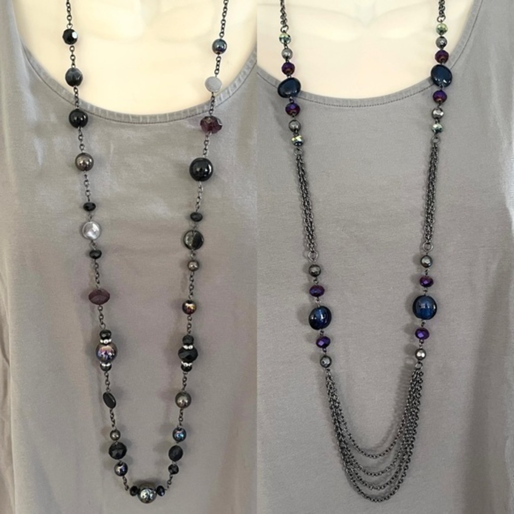 Bundle Iridescent Purple Blue Necklaces Gun Metal Silver Tone Set of Two